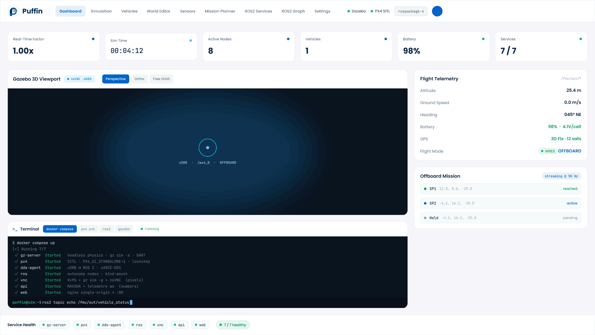 Hi-fi direction one: a light dashboard with a wide viewport, telemetry, mission progress, and terminal