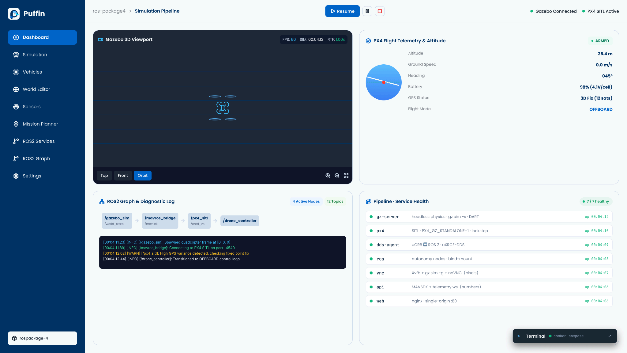 Hi-fi direction three: a modular dashboard with a navy sidebar, viewport, telemetry, logs, and service health