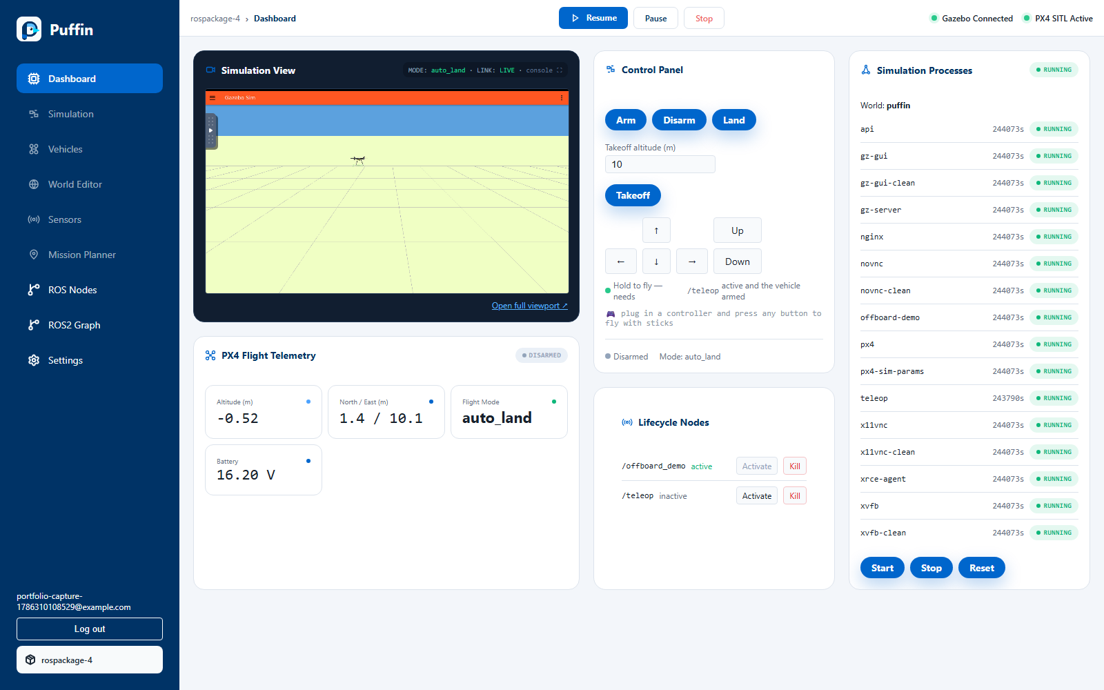 Final Puffin dashboard showing a live Gazebo simulation, flight telemetry, vehicle controls, lifecycle nodes, and running simulation processes