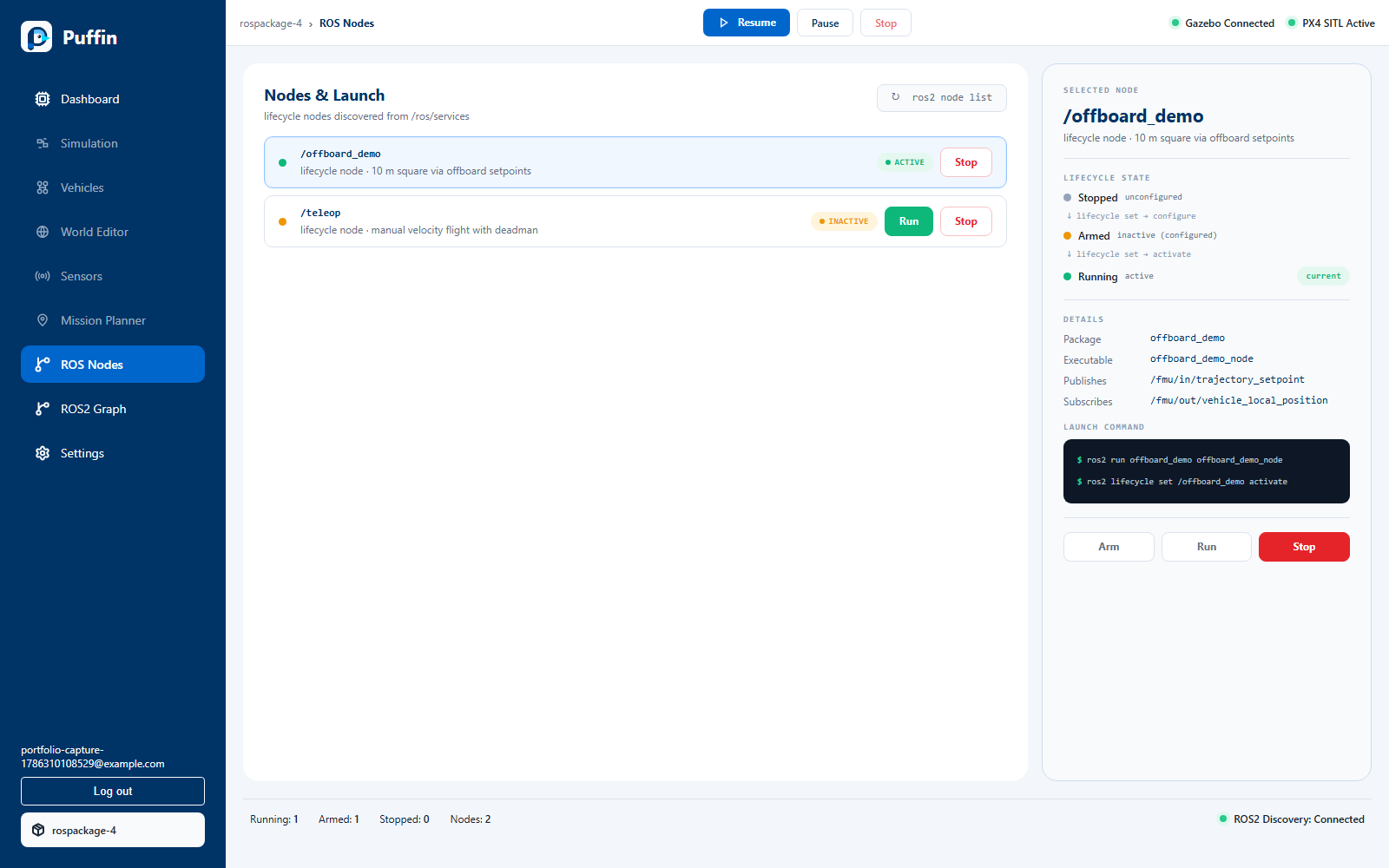 Final Puffin ROS Nodes screen with lifecycle status, launch commands, and run or stop controls